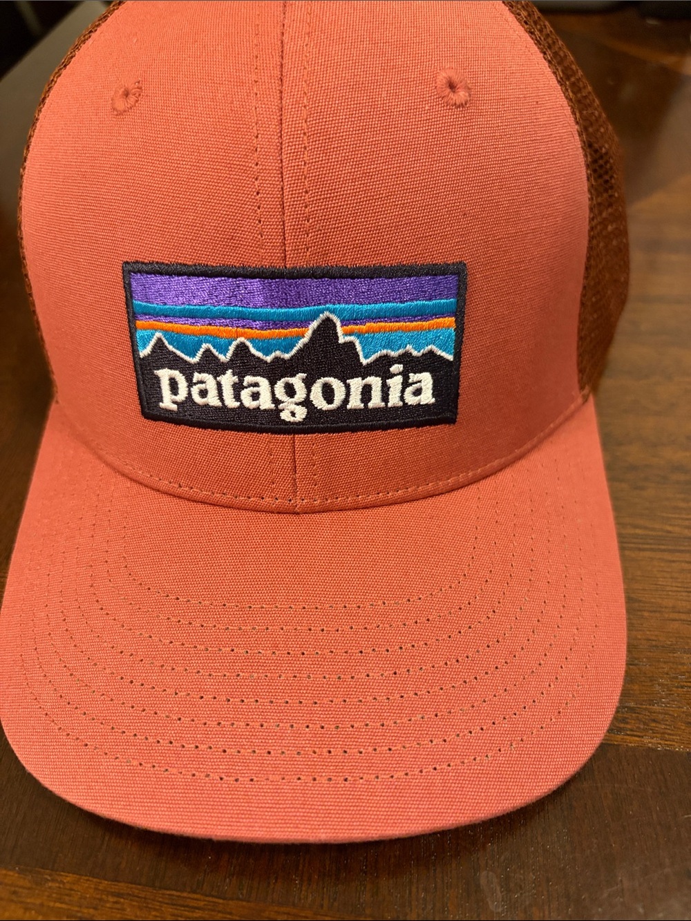Patagonia Coral and Brown Logo Trucker Hat